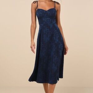 Lulus Loveliest Looks Navy Blue Floral Jacquard Tie-strap Midi Dress - Size XL